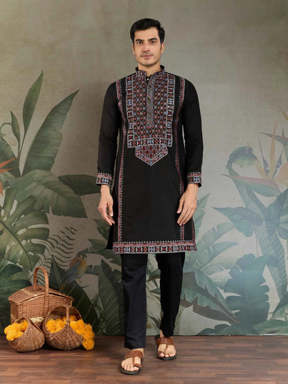 Black Festive Wear Kurta Set With Multi Thread Sequins Embroidery Work