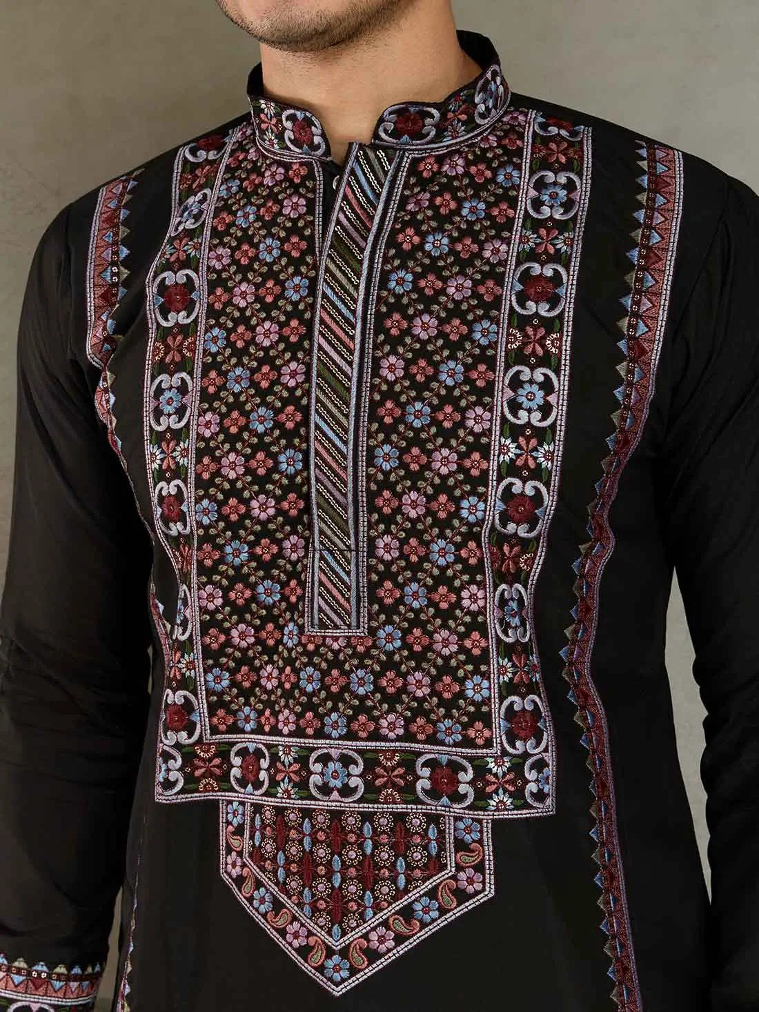 Black Festive Wear Kurta Set With Multi Thread Sequins Embroidery Work
