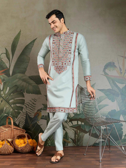 Sky Blue Festive Wear Kurta Set With Multi Thread Sequins Embroidery Work