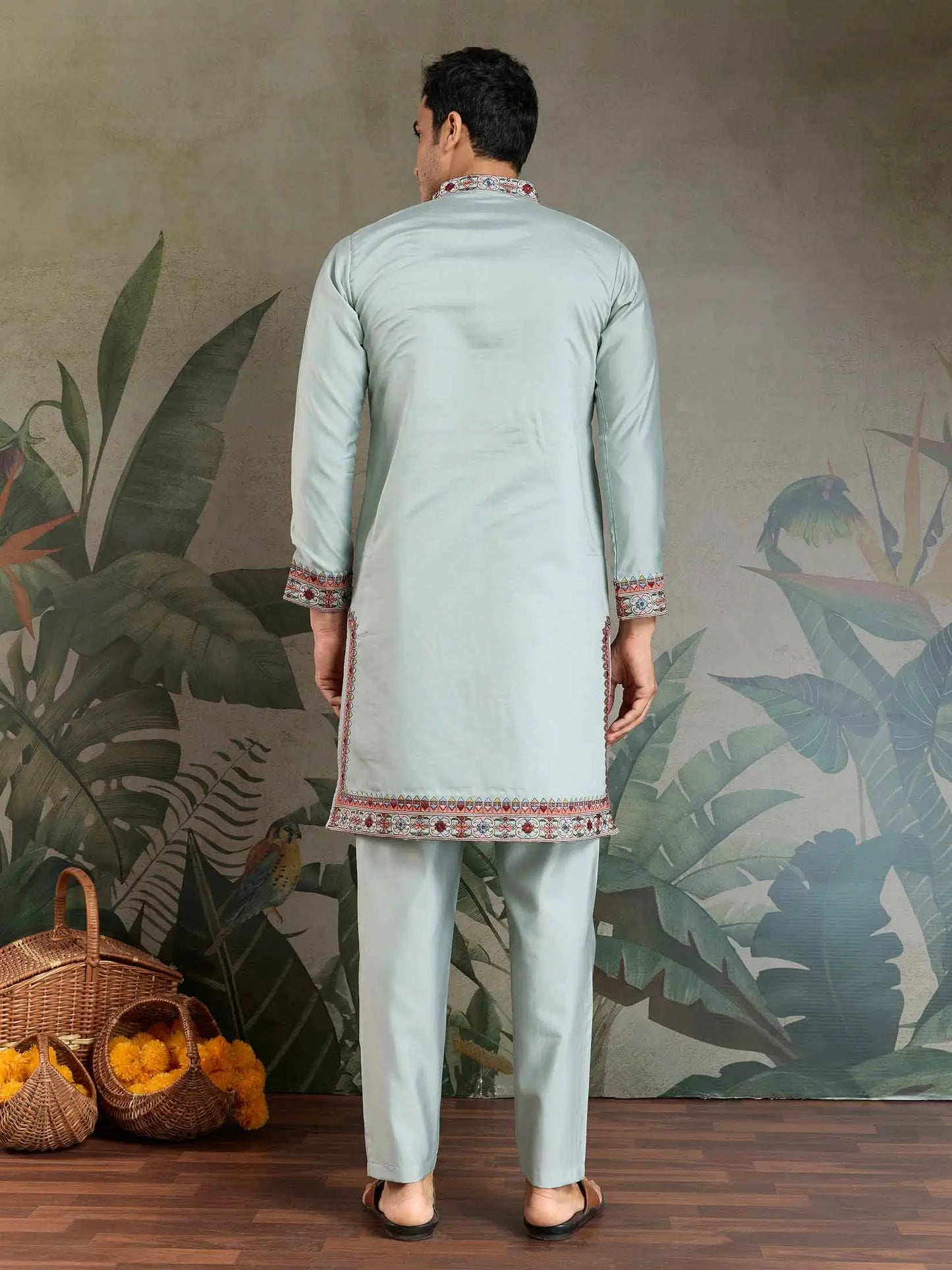 Sky Blue Festive Wear Kurta Set With Multi Thread Sequins Embroidery Work