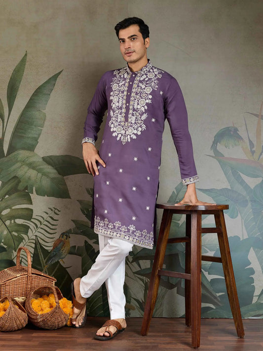 Pastel Purple Thread & Sequins Embroidery Work Rayon Kurta With Pant