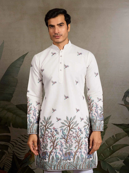 White Silk Kurta Set With Elephant Embroidery Motifs
