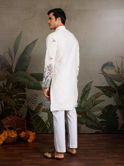 White Silk Kurta Set With Elephant Embroidery Motifs
