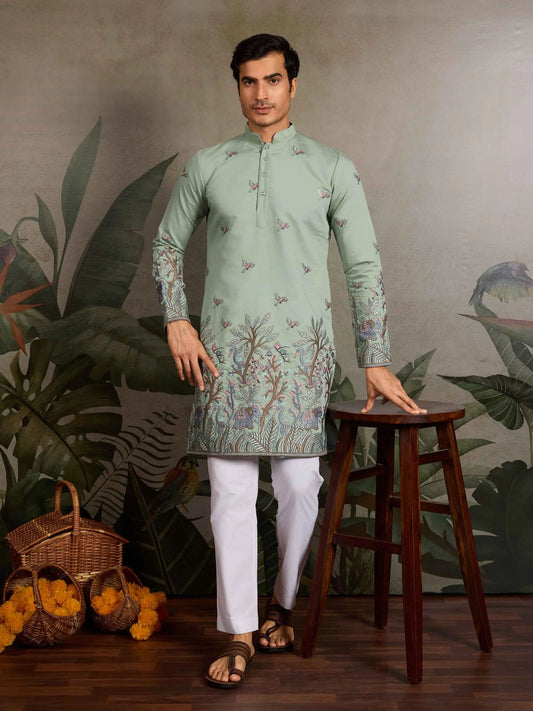 Elegant Pista Kurta Set With Elephant Embroidery Work