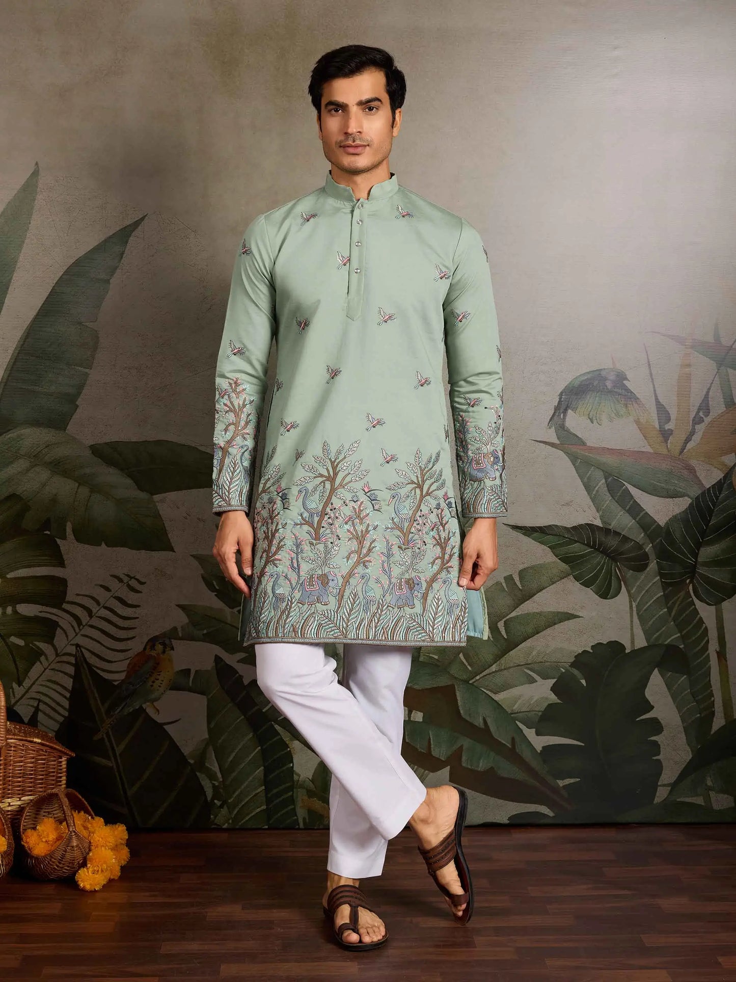 Elegant Pista Kurta Set With Elephant Embroidery Work