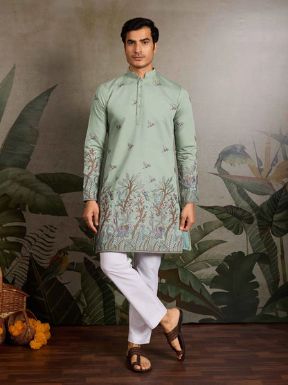 Elegant Pista Kurta Set With Elephant Embroidery Work