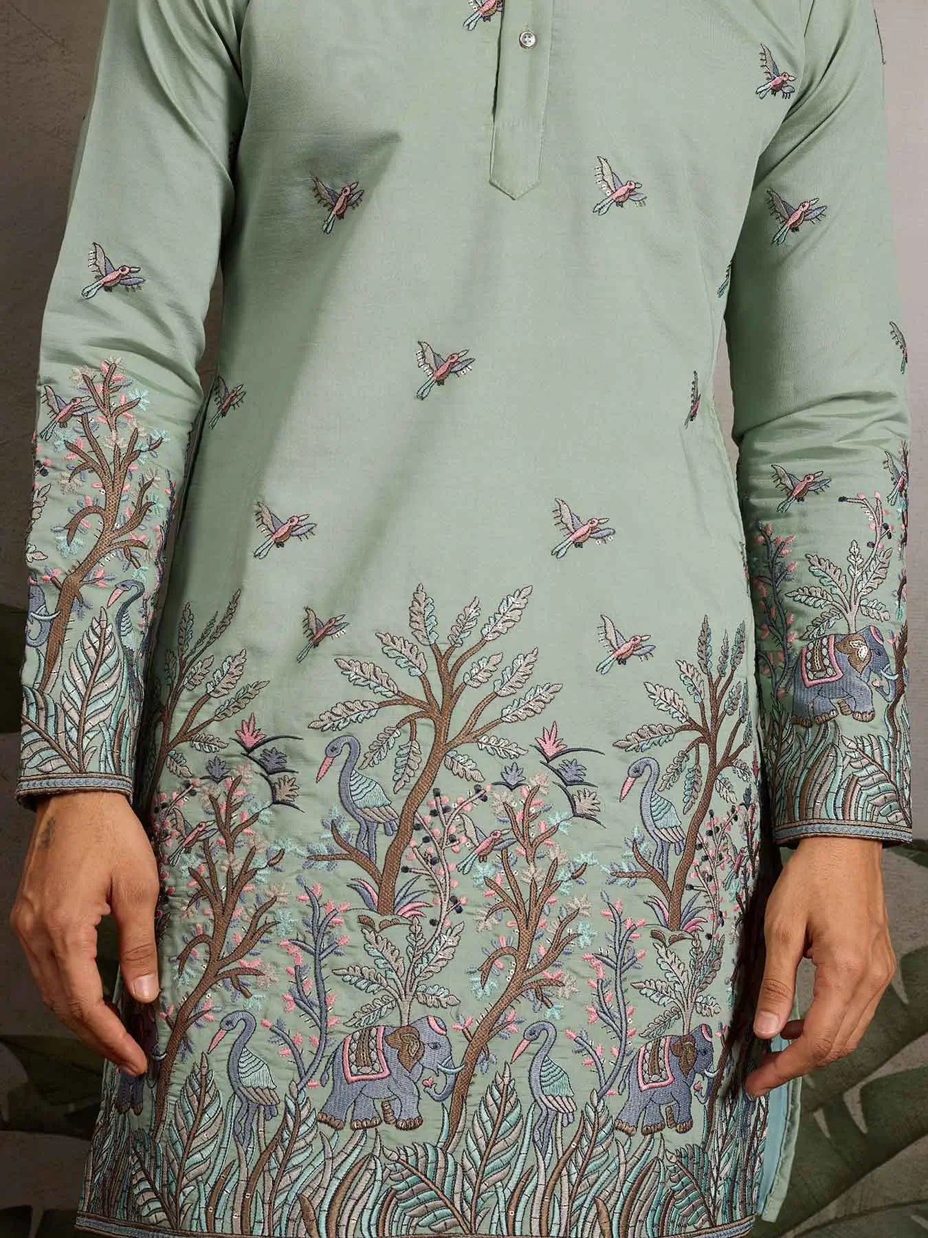 Elegant Pista Kurta Set With Elephant Embroidery Work