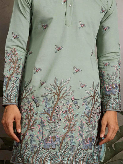 Elegant Pista Kurta Set With Elephant Embroidery Work