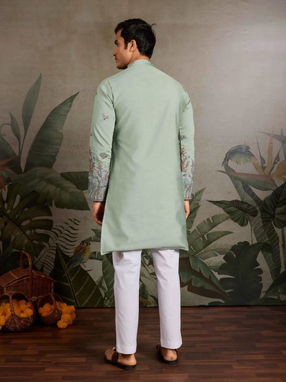 Elegant Pista Kurta Set With Elephant Embroidery Work