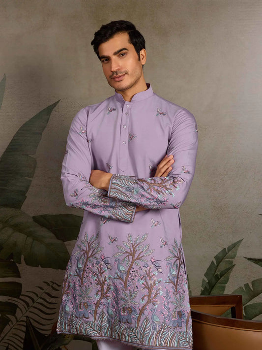 Lavender Kurta Set With Thread Embroidery Work