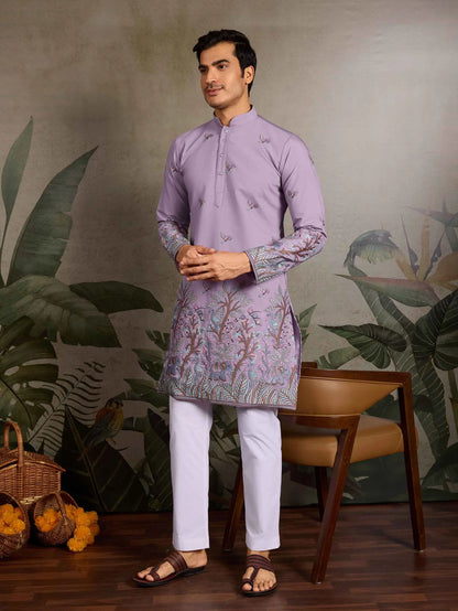 Lavender Kurta Set With Thread Embroidery Work