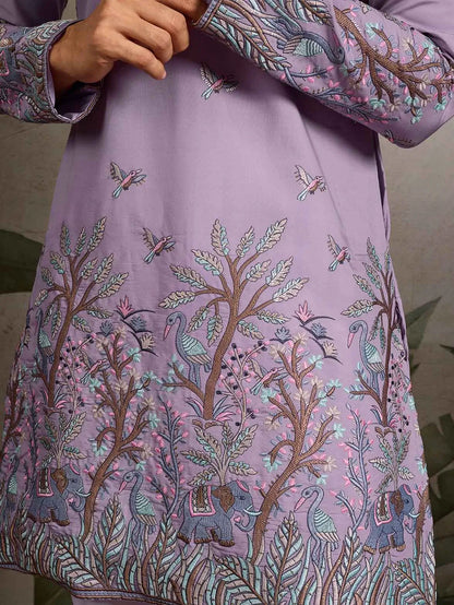 Lavender Kurta Set With Thread Embroidery Work