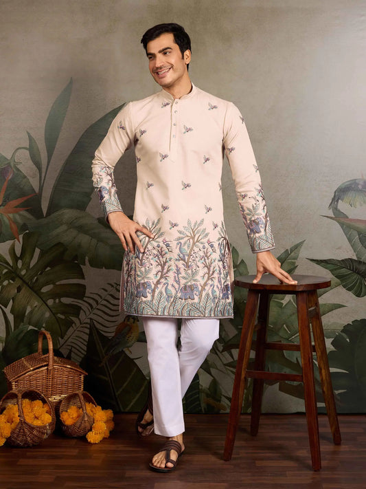 Beige Silk Kurta Set With Elephant Embroidery Work