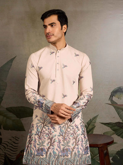 Beige Silk Kurta Set With Elephant Embroidery Work