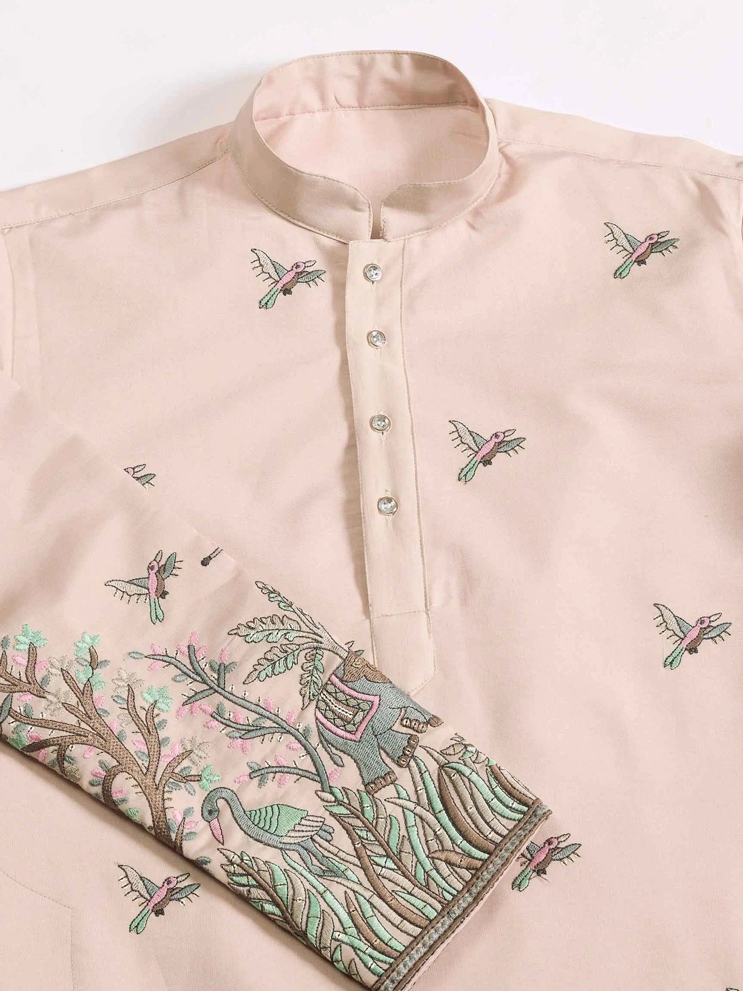 Beige Silk Kurta Set With Elephant Embroidery Work