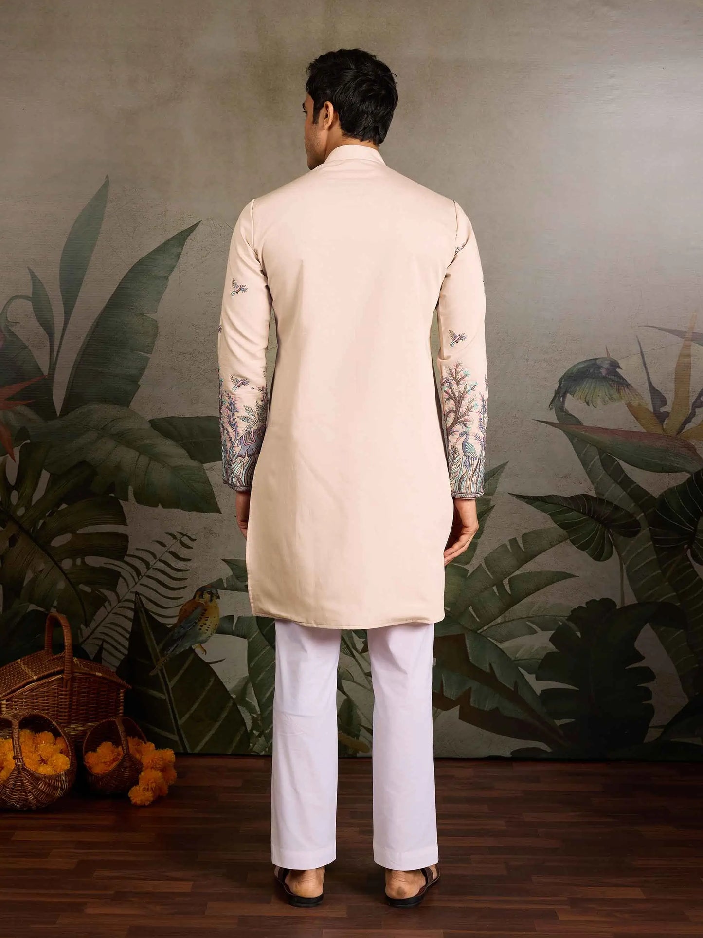 Beige Silk Kurta Set With Elephant Embroidery Work