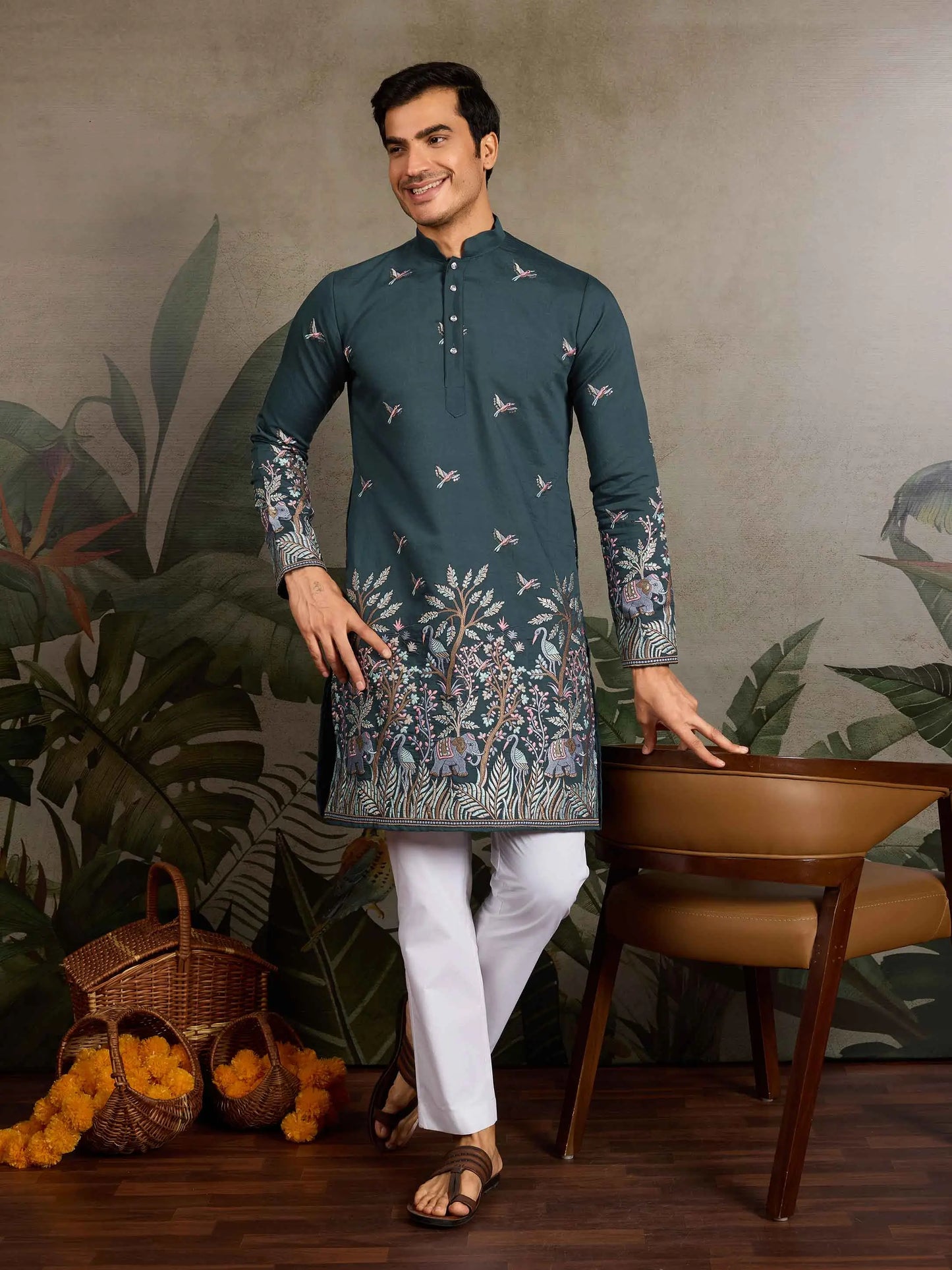 Teal Green Kurta Set With Elephant Embroidery Motifs