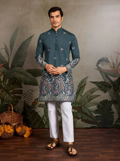 Teal Green Kurta Set With Elephant Embroidery Motifs