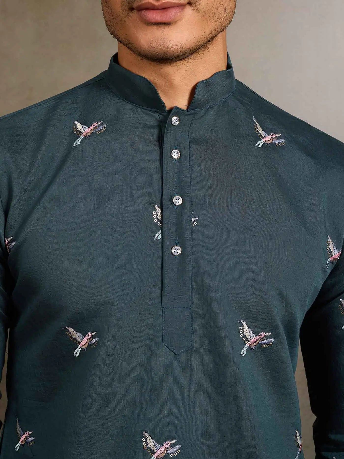 Teal Green Kurta Set With Elephant Embroidery Motifs