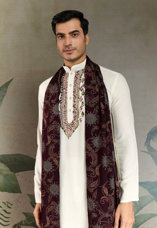 White Viscose Silk Thread, Sequence Embroidered with Mirror Work Kurta With Pant & Dupatta