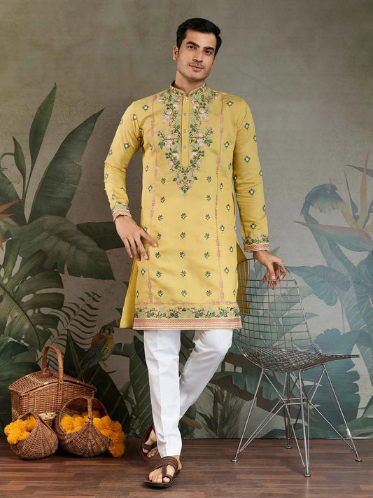 Cool Yellow Viscose Silk Thread And Sequins Embroidery Work Kurta With Pant