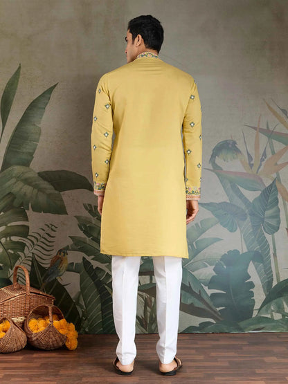 Cool Yellow Viscose Silk Thread And Sequins Embroidery Work Kurta With Pant