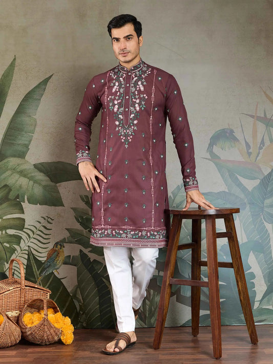 Pastel Chocolate Viscose Silk Thread & Sequins Embroidery Work Kurta With Pant