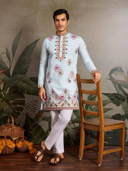 Festive Sky Kurta Set with Multi-Thread Embroidery Work