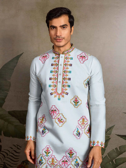 Festive Sky Kurta Set with Multi-Thread Embroidery Work
