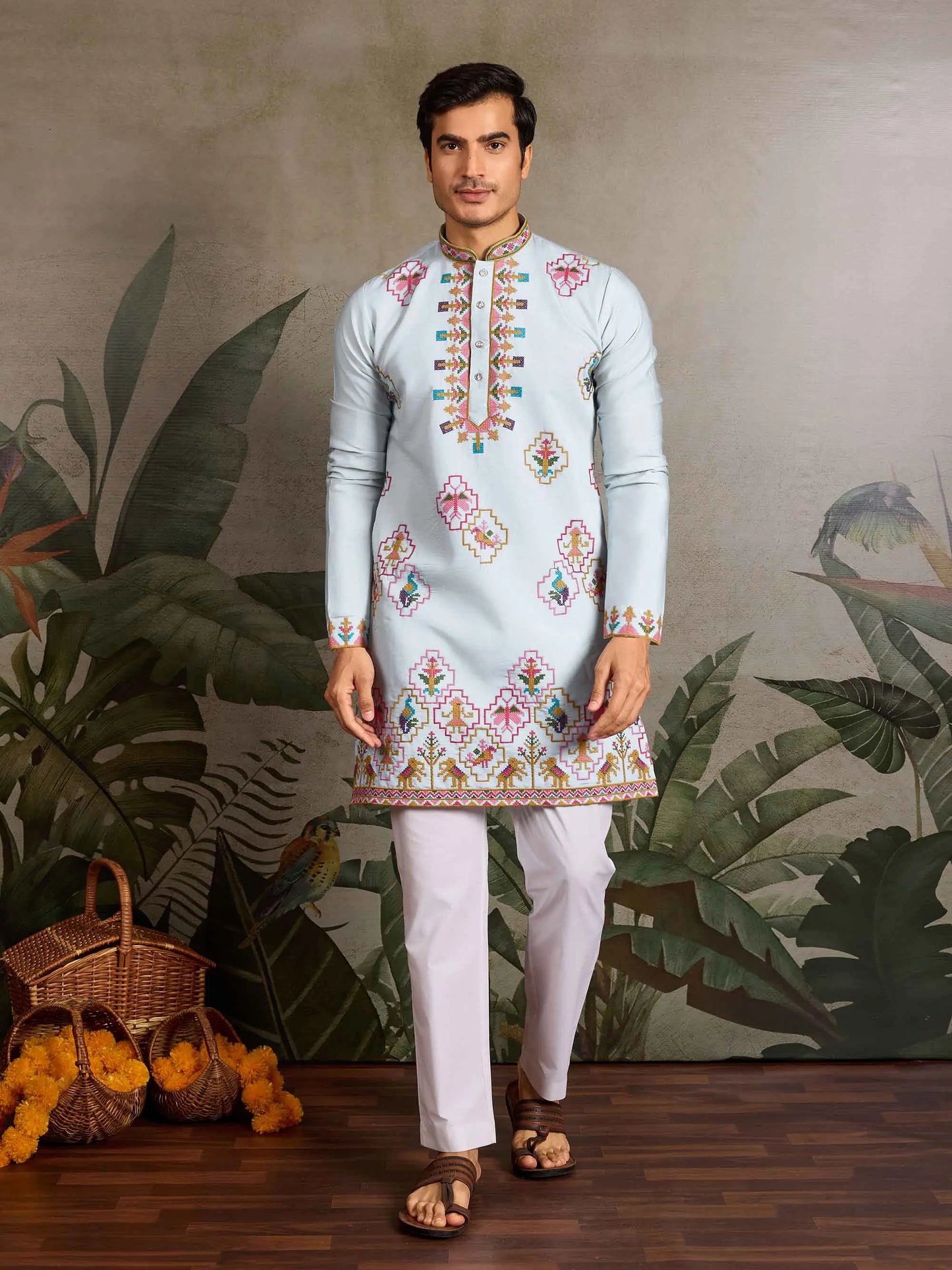 Festive Sky Kurta Set with Multi-Thread Embroidery Work