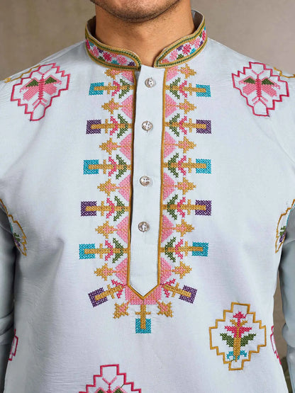 Festive Sky Kurta Set with Multi-Thread Embroidery Work