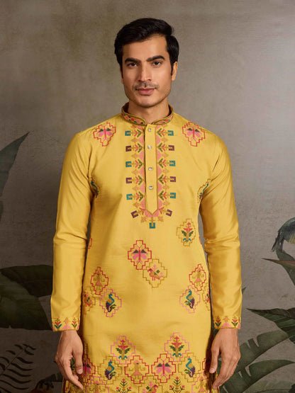 Festive Yellow Kurta Set with Multi-Thread Embroidery Work