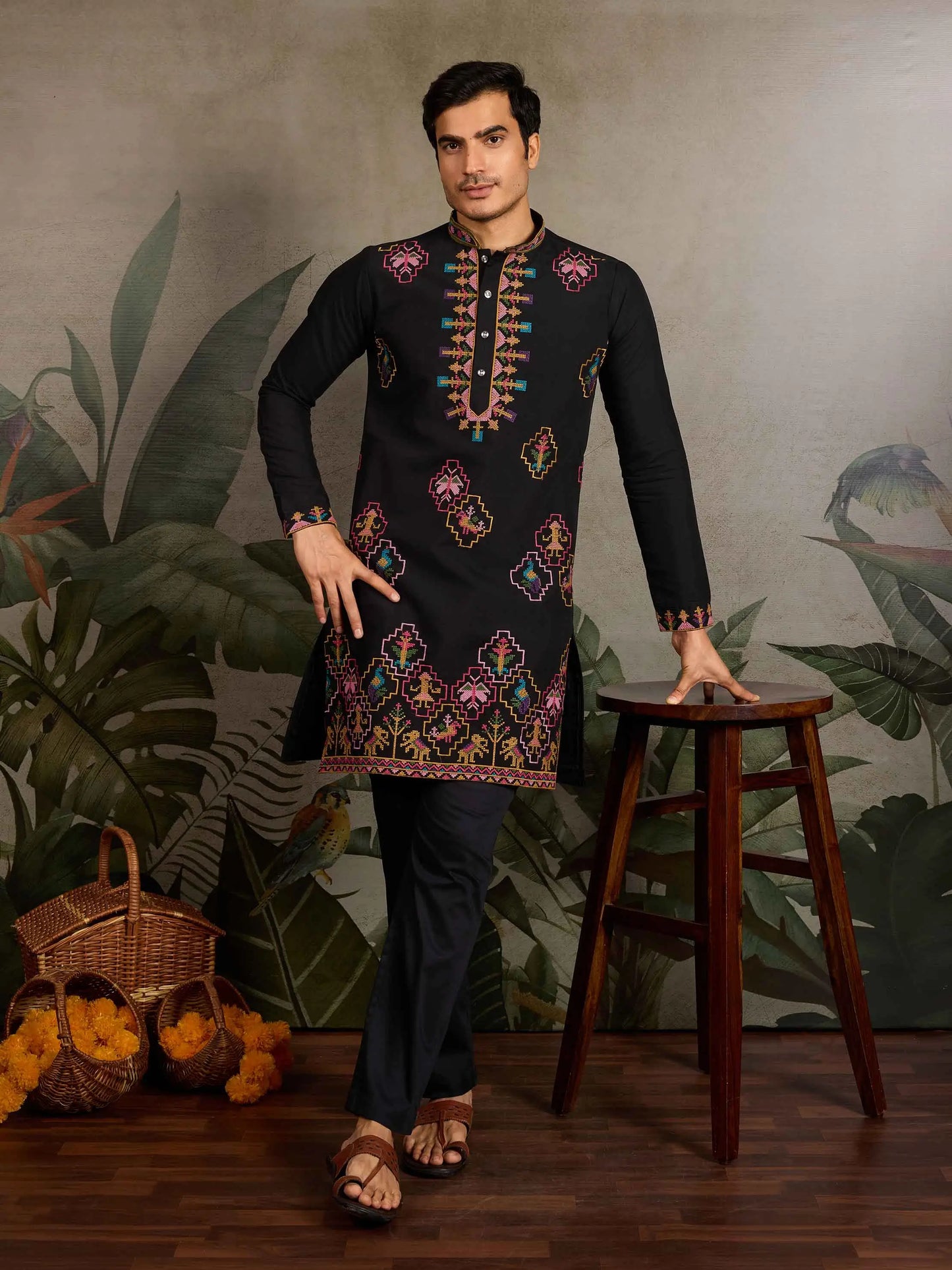 Festive Black Kurta Set with Multi-Thread Embroidery Work
