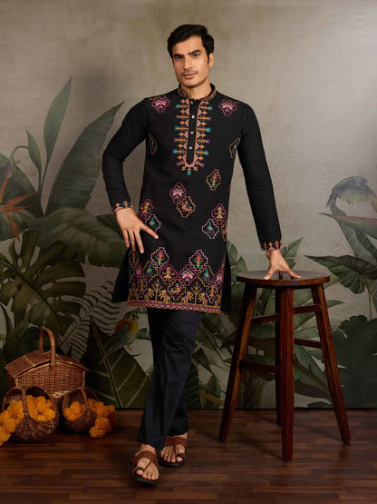 Festive Black Kurta Set with Multi-Thread Embroidery Work