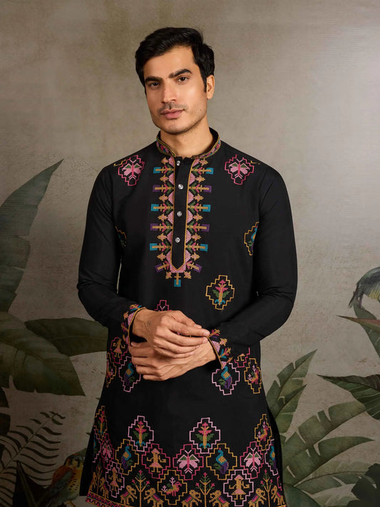 Festive Black Kurta Set with Multi-Thread Embroidery Work