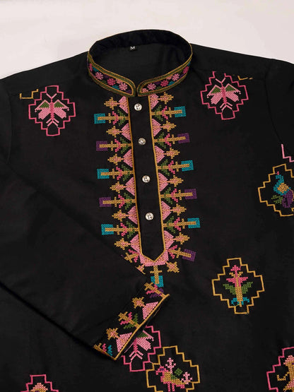 Festive Black Kurta Set with Multi-Thread Embroidery Work
