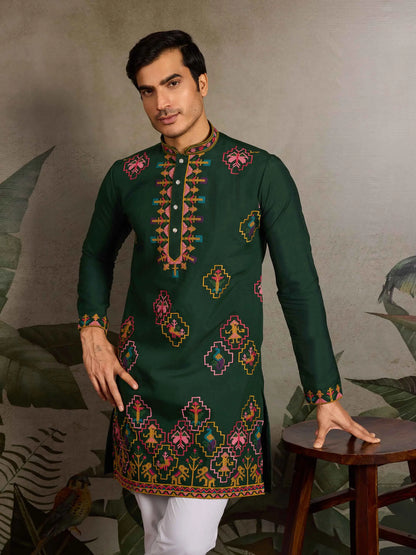 Festive Green Kurta Set with Multi-Thread Embroidery Work
