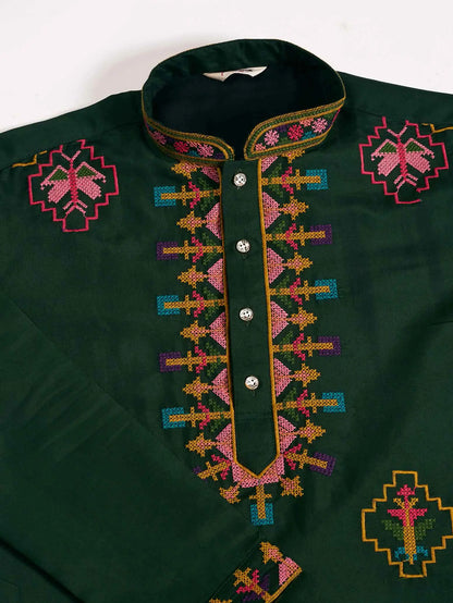 Festive Green Kurta Set with Multi-Thread Embroidery Work
