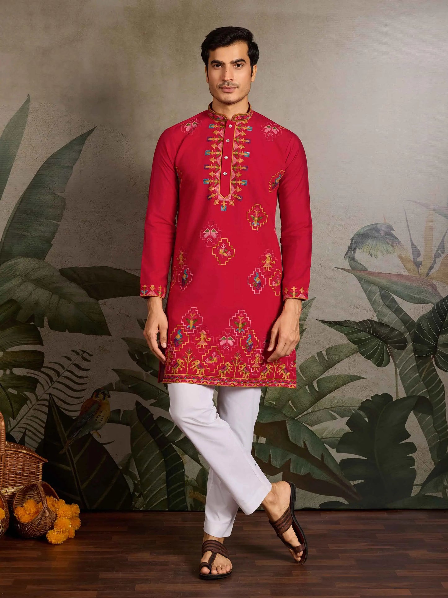 Festive Red Kurta Set with Multi-Thread Embroidery Work