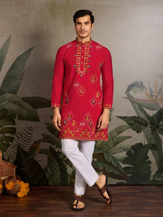 Festive Red Kurta Set with Multi-Thread Embroidery Work