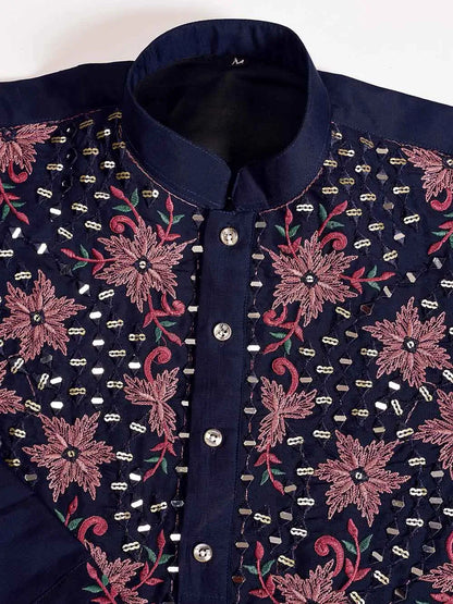 Elegant Navy Kurta Set With Mirror & Sequins Embroidery