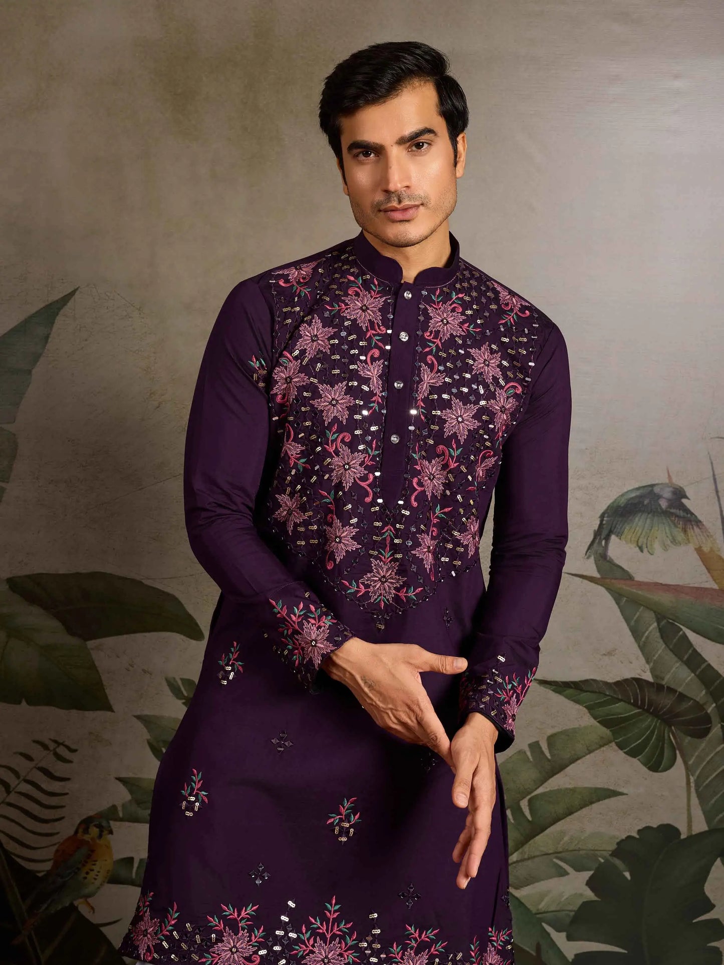 Elegant Purple Kurta Set With Mirror & Sequins Embroidery