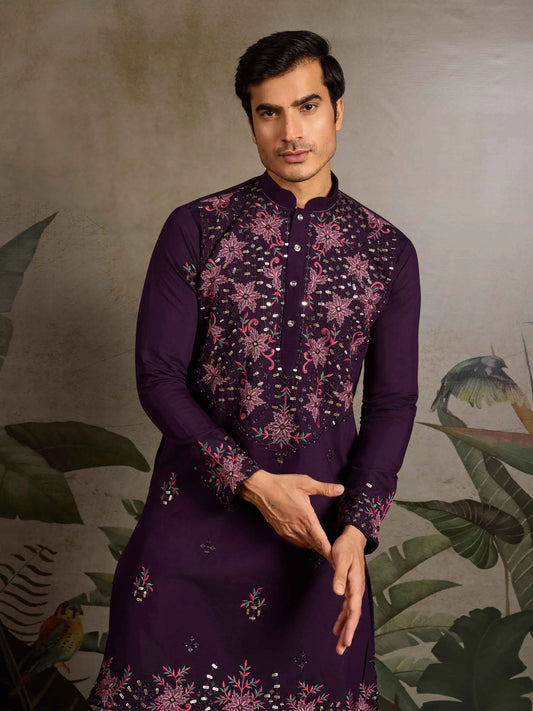 Elegant Purple Kurta Set With Mirror & Sequins Embroidery