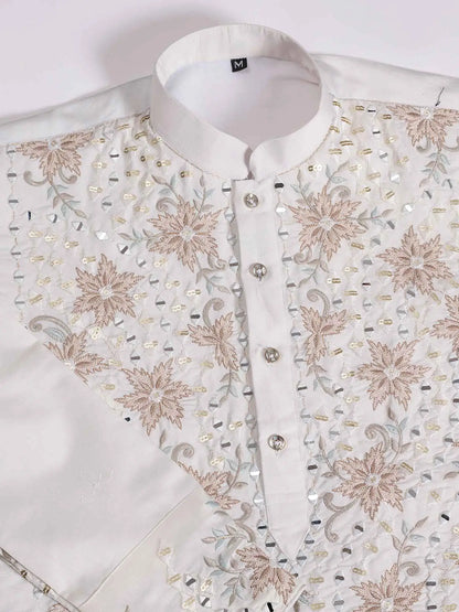 Elegant White Kurta Set With Mirror & Sequins Embroidery