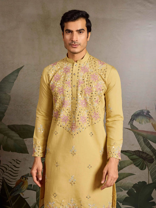 Elegant Yellow Kurta Set With Mirror & Sequins Embroidery
