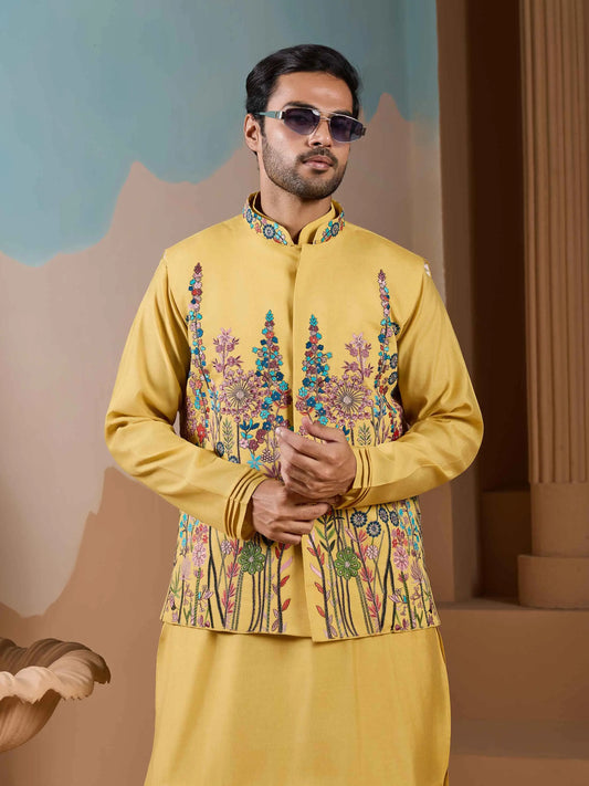 Yellow Kurta Set With Embroidery Sequins Jacket