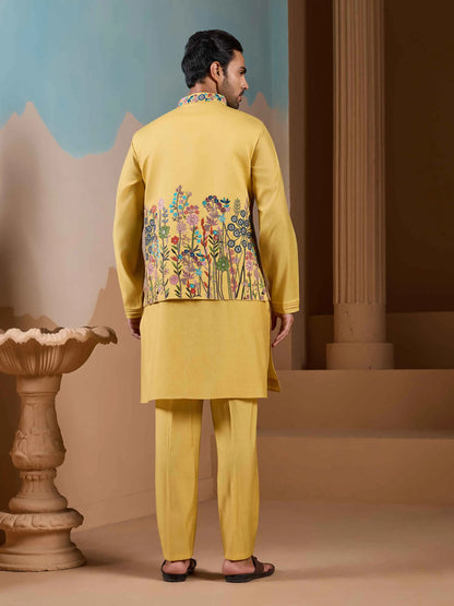 Yellow Kurta Set With Embroidery Sequins Jacket