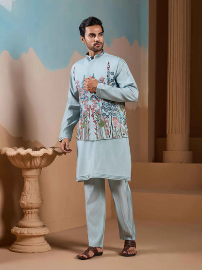 Light Pista Kurta Set With Embroidery Sequins Koti