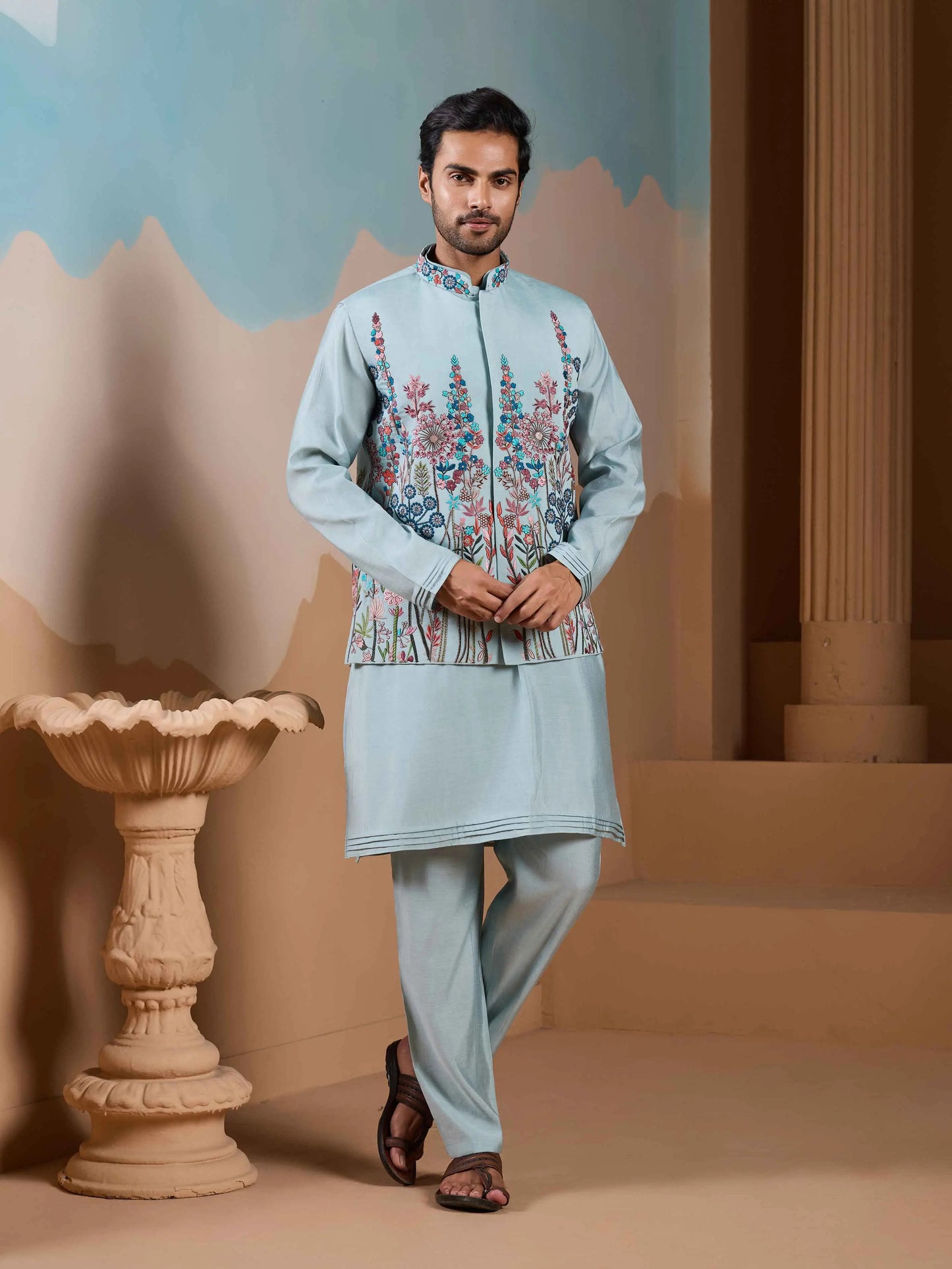 Light Pista Kurta Set With Embroidery Sequins Koti