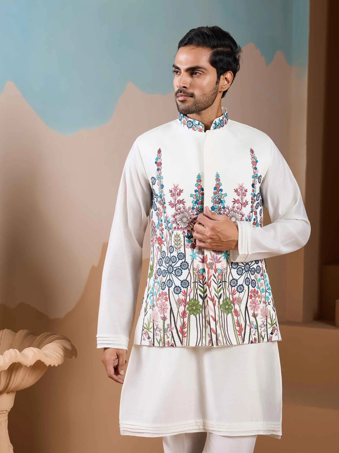 White Kurta Set With Embroidery Sequins Jacket
